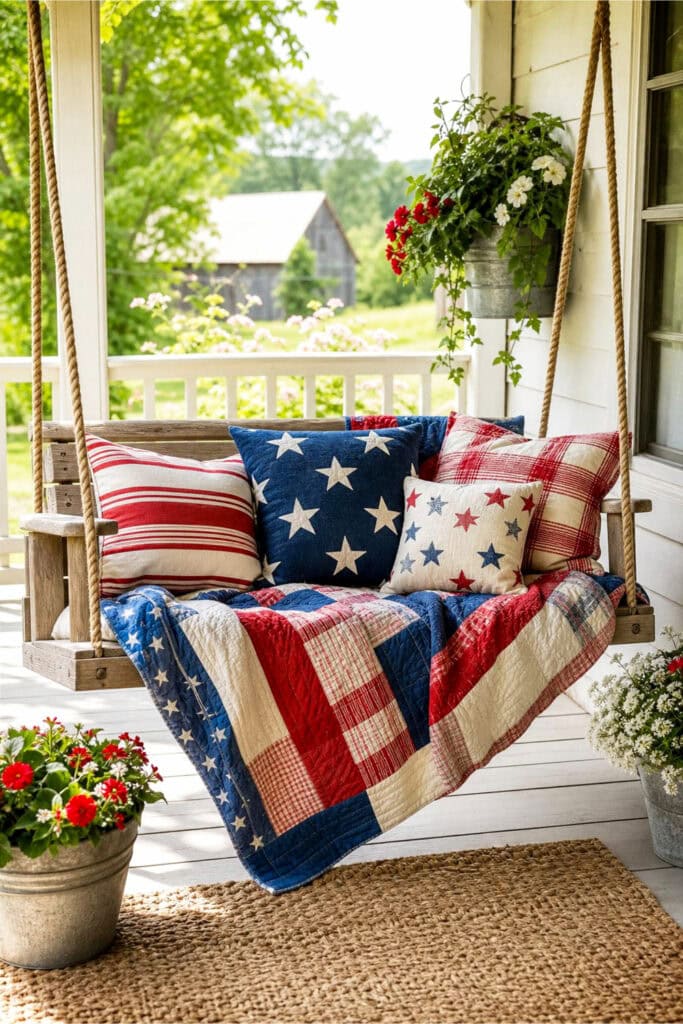 A porch swing with patriotic pillows and a lightweight quilt on a sunny porch with wooden railings and plants.