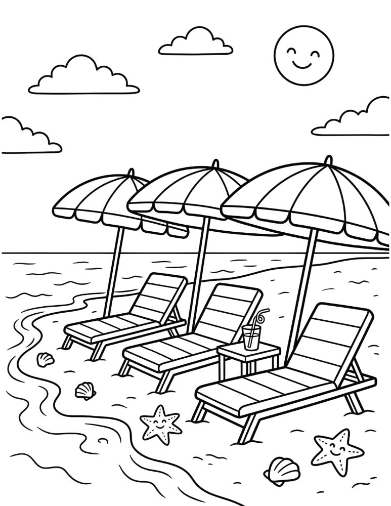 Beach umbrellas and lounge chairs beside the ocean with seashells and beach accessories in a coloring page.