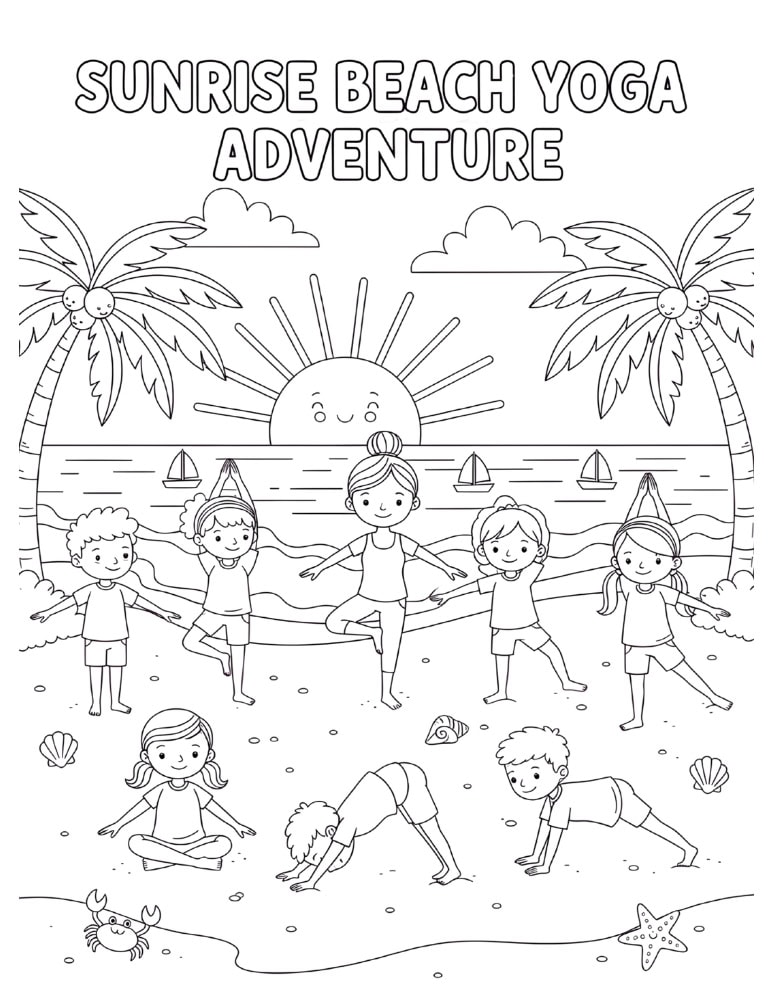 Children doing yoga on the beach at sunrise in a calming printable coloring page.