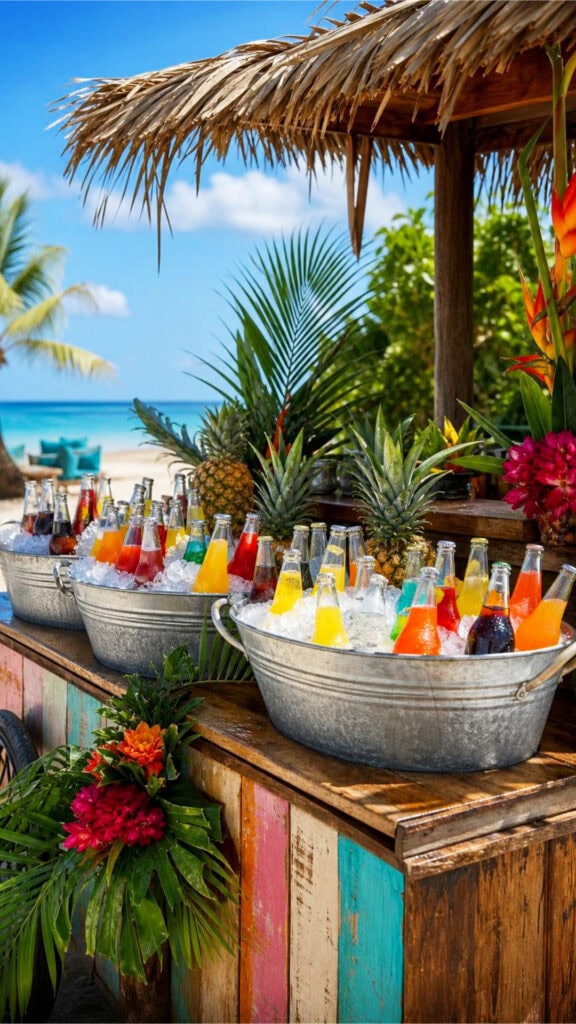 A wooden surf shack drink cart with galvanized metal coolers filled with ice and tropical sodas, set on a sandy beach with palm leaves and tropical flowers in the background.