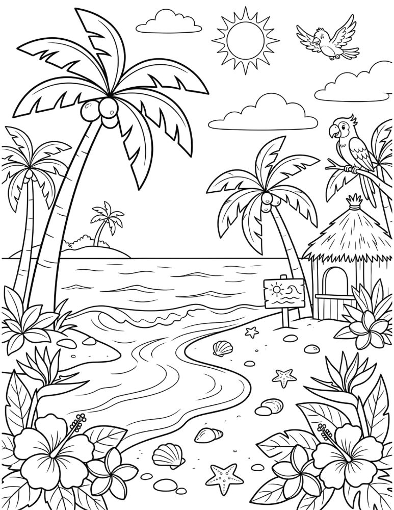 Tropical island beach with palm trees, flowers, gentle waves, seashells, and tropical birds in a coloring page.