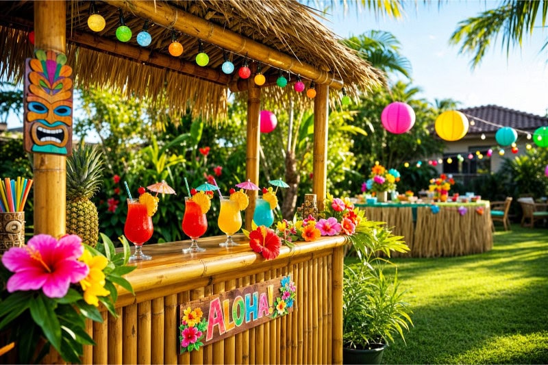 Outdoor tropical luau party with tiki mocktails served at a bamboo tiki bar surrounded by palm trees and festive decorations on a sunny beach.