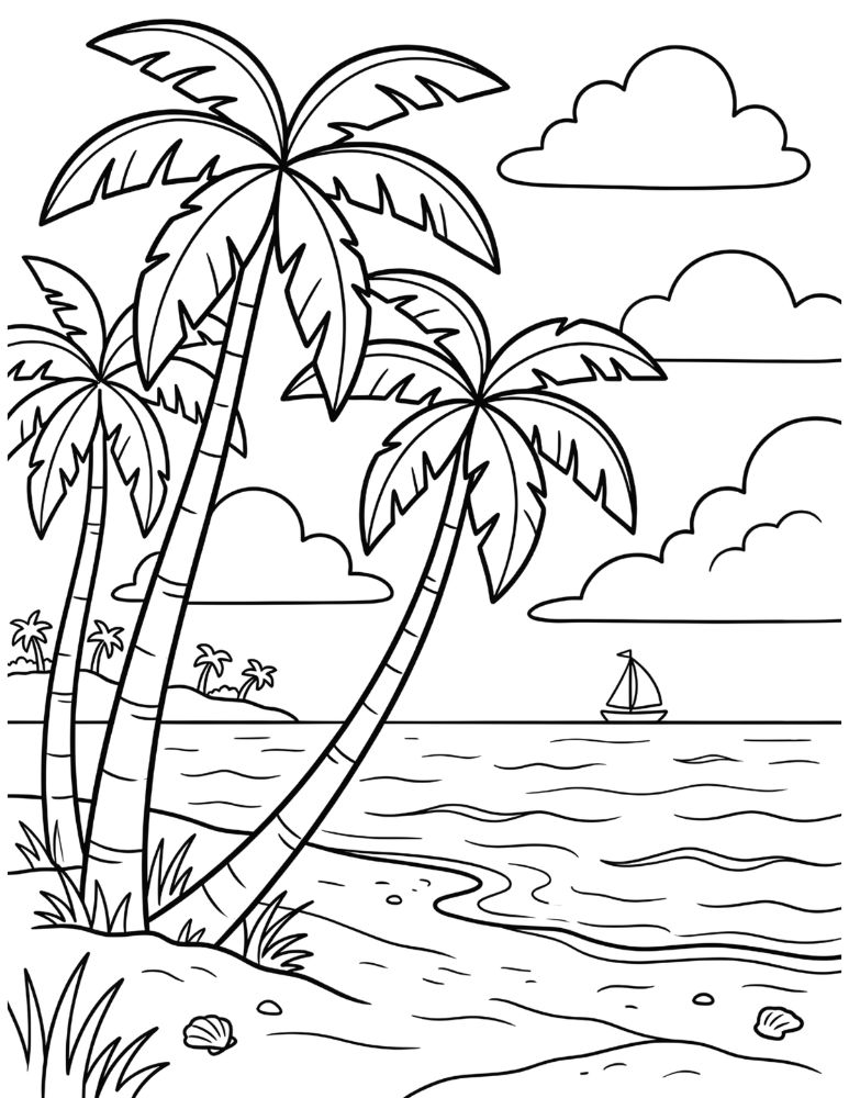Tropical beach with tall palm trees, ocean waves, fluffy clouds, and sandy shores in a children’s coloring page.