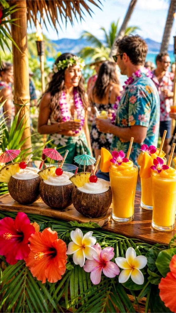 Outdoor tropical smoothie bar with piña coladas and mango slushies surrounded by tropical plants and luau party decorations.