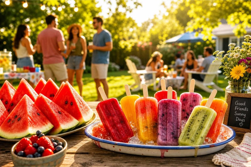 A sunny outdoor picnic table with watermelon slices and colorful popsicles, surrounded by grass and trees, with people enjoying a summer party in the background.