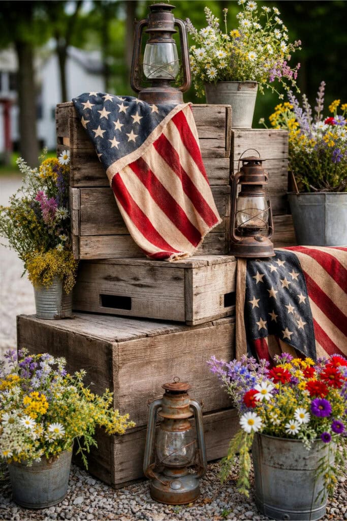 Stacked weathered wooden crates decorated with American flags, lanterns, and wildflowers.