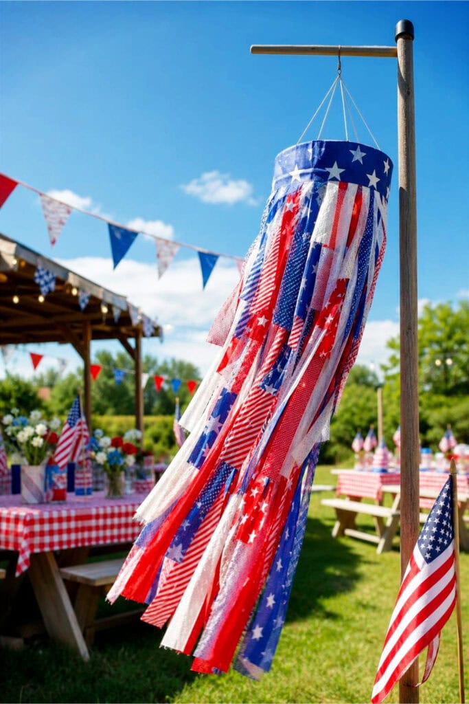 A colorful windsock with red, white, and blue ribbons and fabric scraps hanging outdoors with 4th of July decorations in the background.