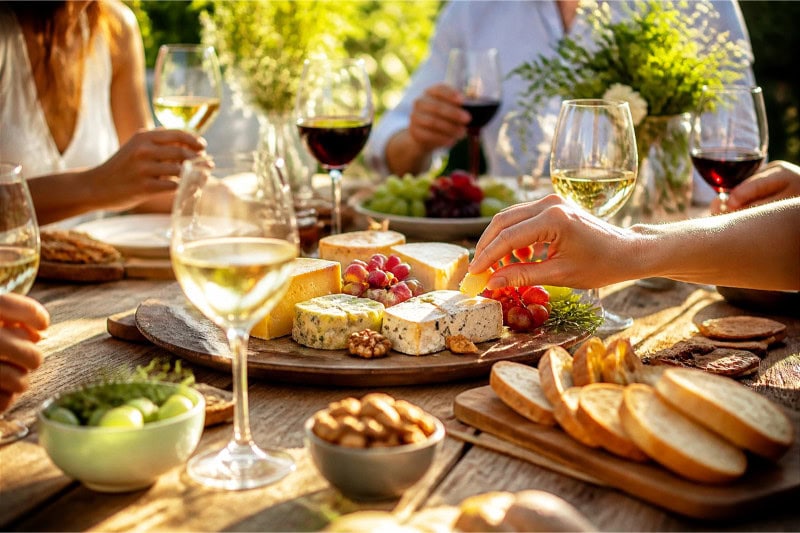 A table set with various cheeses, grapes, crackers, and glasses of red and white wine outdoors during a summer gathering.