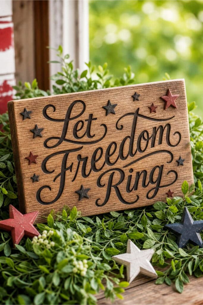 A wooden sign surrounded by green leaves and decorative stars.