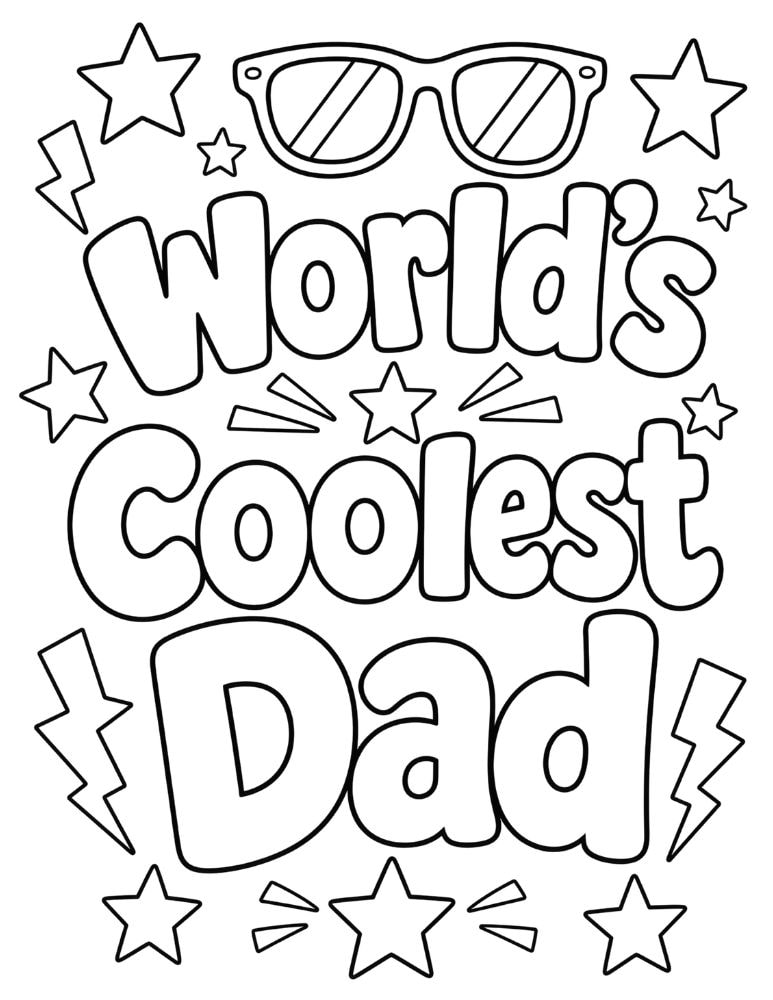 World's Coolest Dad coloring page with sunglasses, stars, and lightning bolts