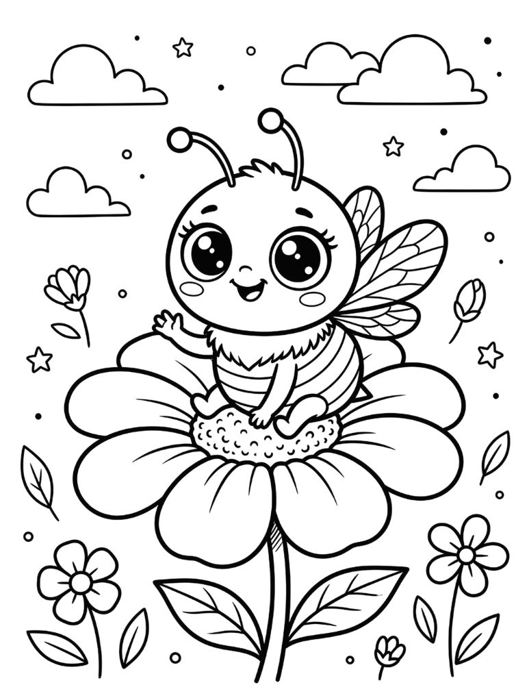 Baby bee coloring page featuring a cute cartoon bee sitting on a flower.