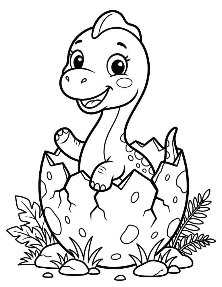 Cute baby dinosaur hatching from a cracked egg coloring page.