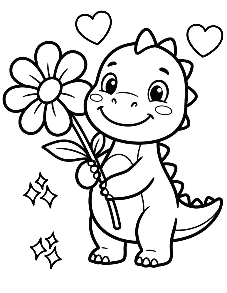 Cute baby dinosaur holding a large flower coloring page.