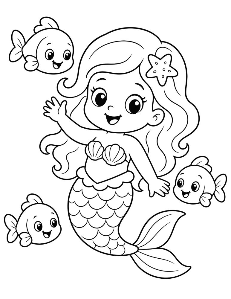 Baby mermaid surrounded by three smiling fish coloring page.