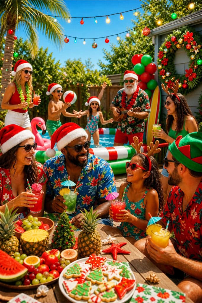 A group of people enjoying a sunny outdoor Christmas in July party with festive decorations, summer clothing, and holiday accessories around a picnic table and inflatable pool.
