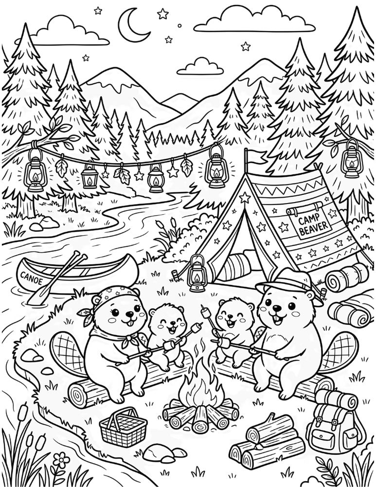Beaver family camping coloring page with beavers beside a river, tent, canoe, campfire, and pine trees.
