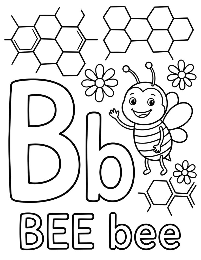 Letter B bee coloring page featuring uppercase and lowercase B with a smiling bee and flowers.