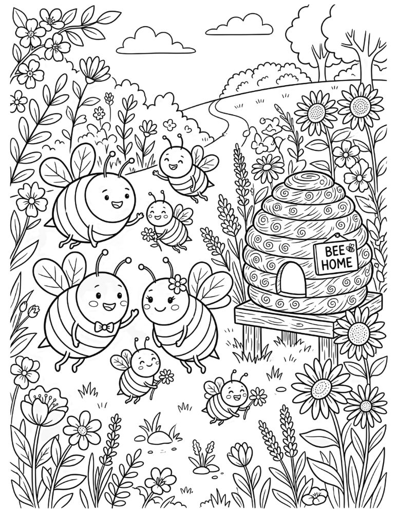 Bee family coloring page showing parent bees and baby bees flying near a beehive.