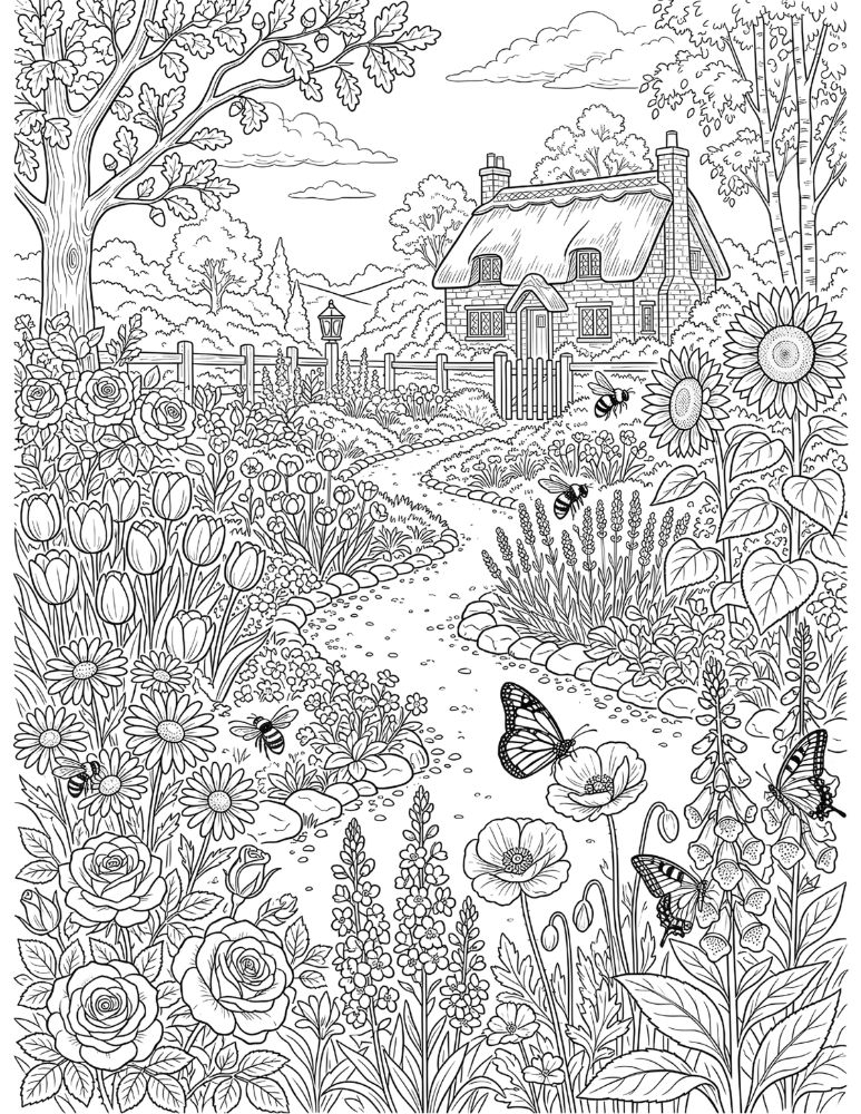 Bee garden coloring page featuring several bees flying through a colorful flower garden.