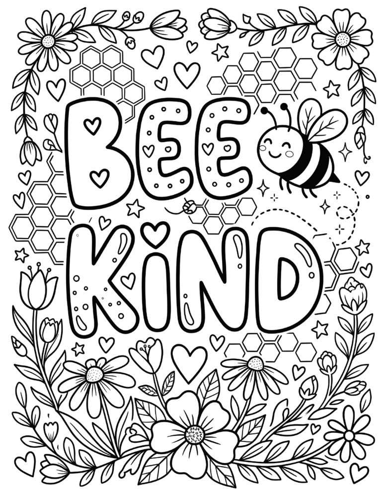 Bee Kind coloring page with decorative lettering, flowers, hearts, and a smiling bee.