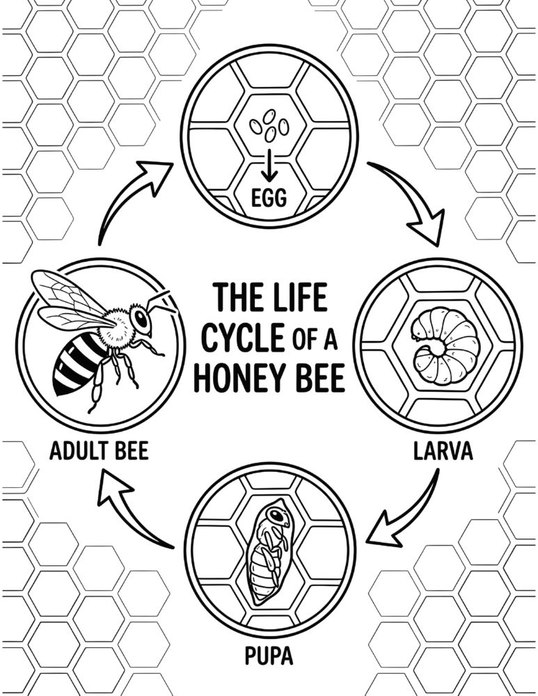 Bee life cycle coloring page showing the stages from egg to adult honey bee with labeled illustrations.