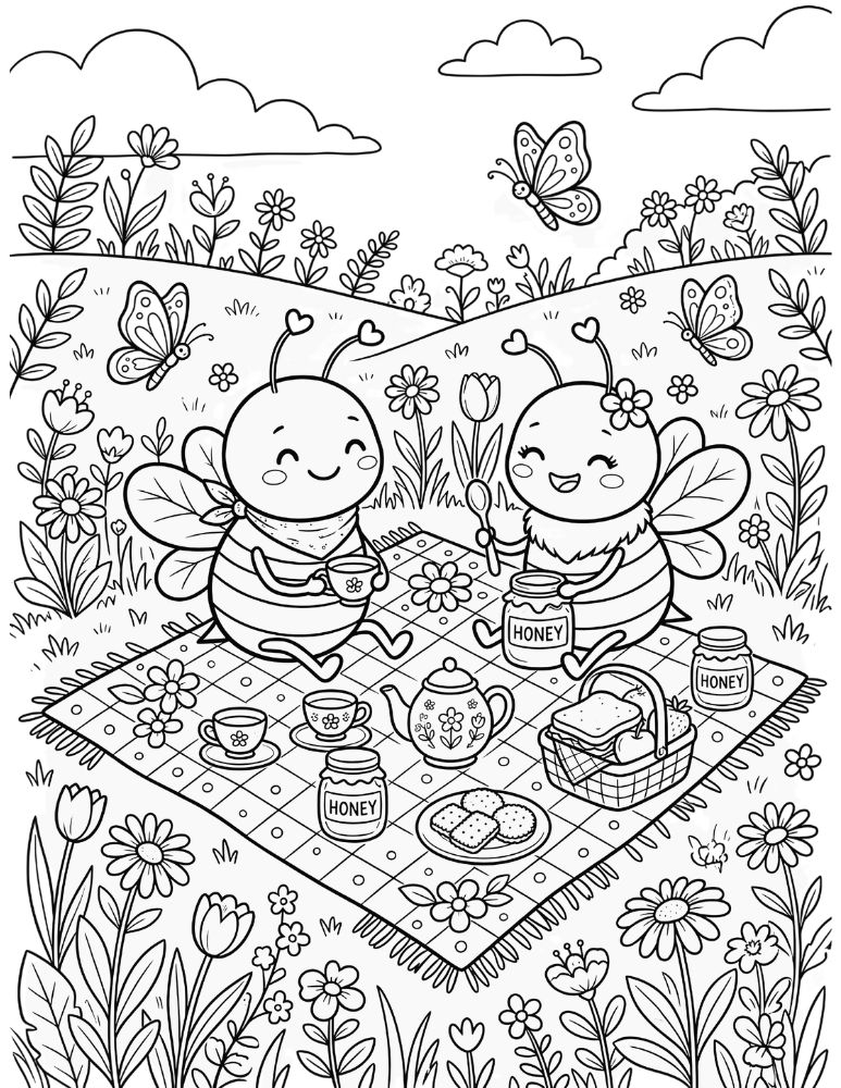 Bee picnic coloring page featuring two cute bees enjoying a picnic with honey and flowers.