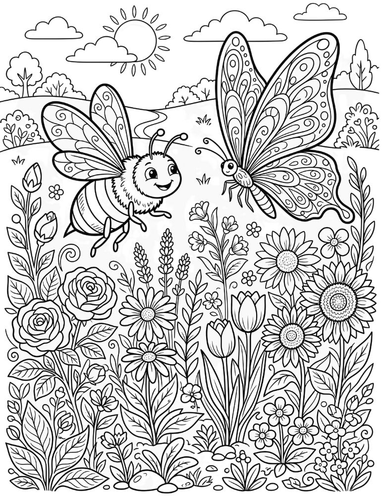 Bee and butterfly coloring page featuring a bee and butterfly flying above a flower garden.