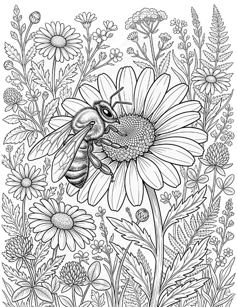 Bee on daisy coloring page featuring a honey bee collecting nectar from a large daisy flower.