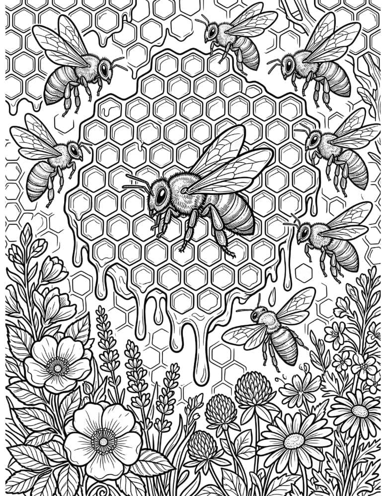 Bee on honeycomb coloring page featuring a detailed honey bee resting on a honeycomb filled with honey.