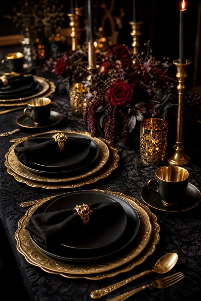 A table set with black and gold plates, cups, and cutlery arranged for a stylish party.