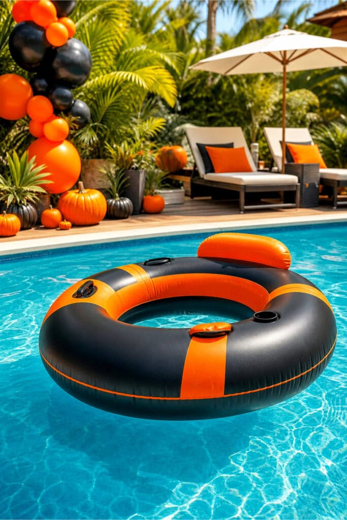 A black and orange pool float on clear blue water with summer decorations around a sunny poolside.