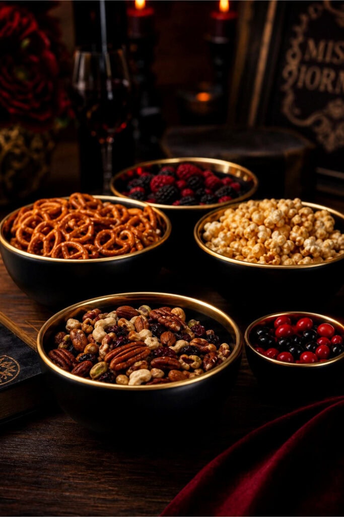 Black bowls with gold rims filled with snacks arranged on a wooden table.