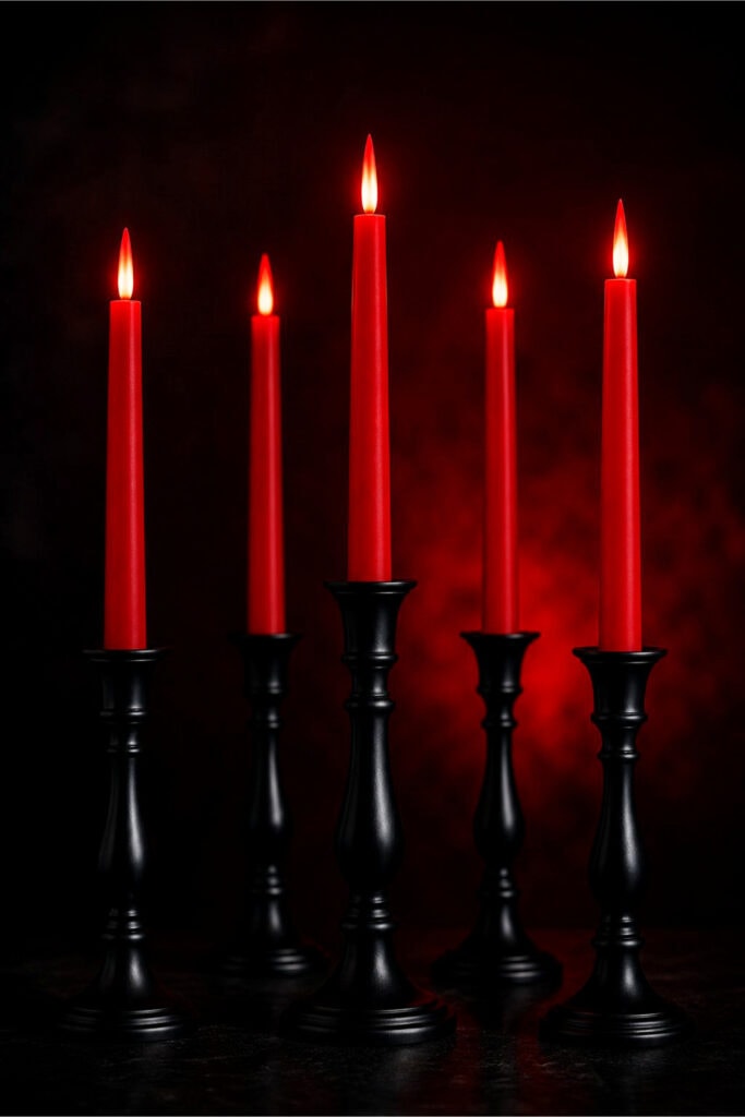 Black candlesticks holding red LED taper candles glowing softly against a dark background.