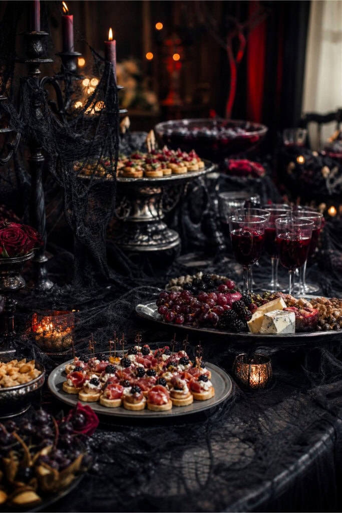 A food table decorated with black cobwebs and Halloween-themed items, featuring various dishes and drinks arranged for a vampire-themed party.