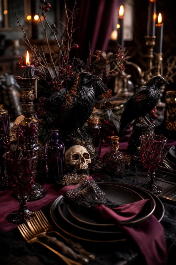 A table decorated with black crow and raven figurines, candles, skulls, and dark floral arrangements creating a mysterious party setting.