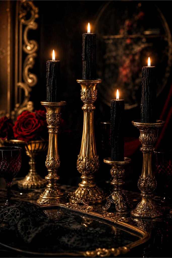 Black flameless candles glowing in gold candle stick holders arranged on a dark surface.