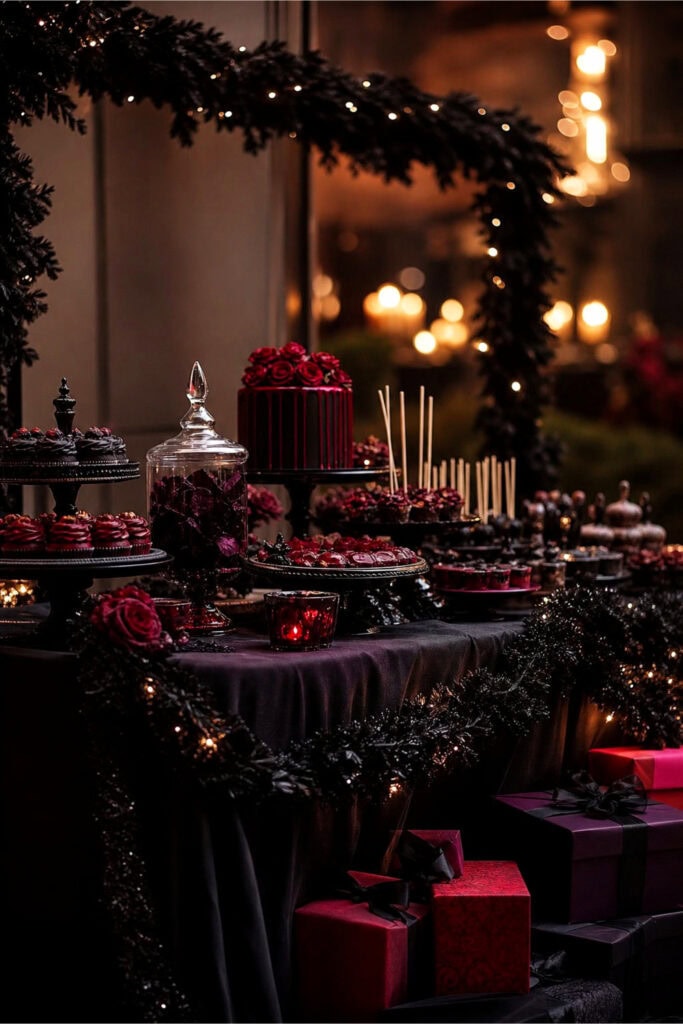 A dessert and gift table decorated with a black garland, featuring dark-colored desserts and wrapped presents in a moody party setting.
