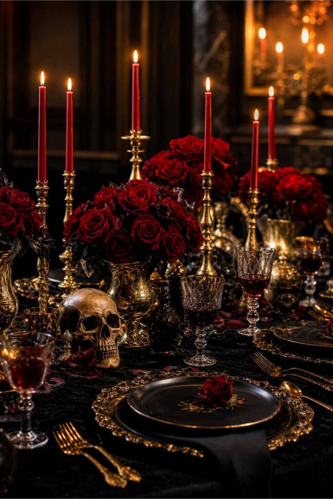 A gothic tablescape with black, red, and gold decorations including candles, roses, tableware, and wine glasses arranged on a table.