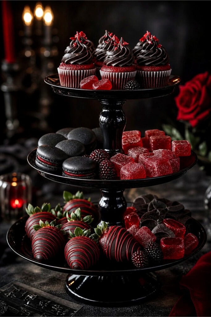 A black tiered dessert serving tray filled with various Halloween-themed sweets including cupcakes, jelly candies, macarons, and chocolate-covered strawberries.