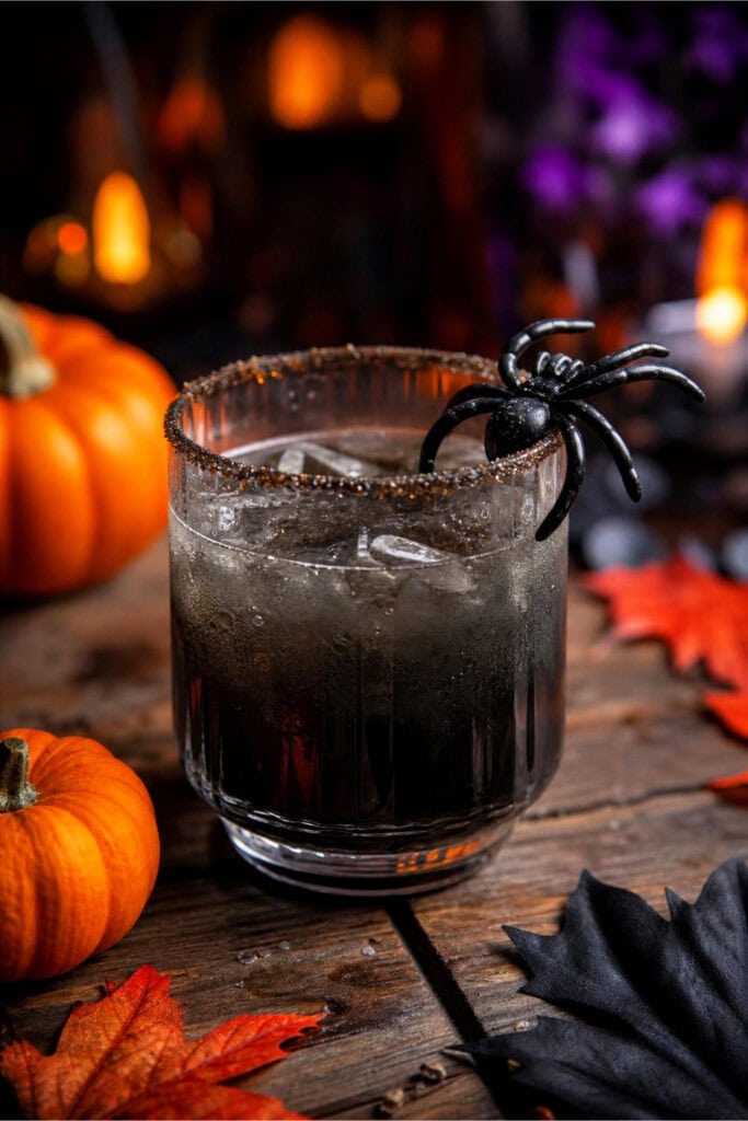 A Black Widow Mezcal cocktail on a wooden table surrounded by small pumpkins and autumn leaves.