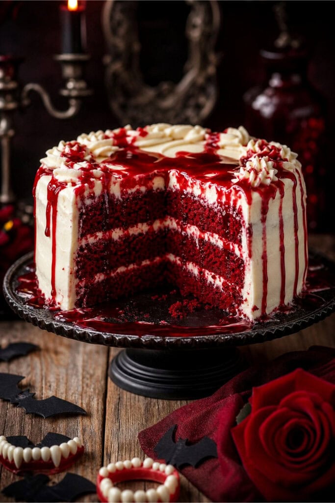 A sliced red velvet cake with cream cheese frosting oozing down the sides on a wooden table, surrounded by vampire-themed party decorations.
