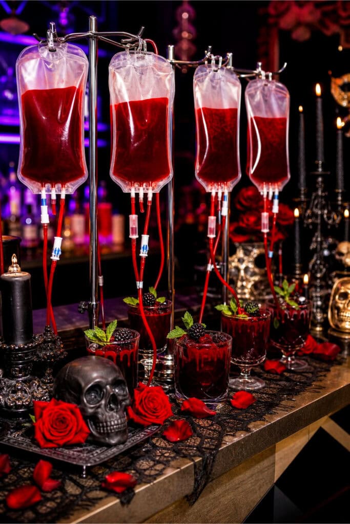 A blood bag cocktail station with red drinks in medical-style blood bags, gothic decorations, candles, and rose petals on a bar counter.