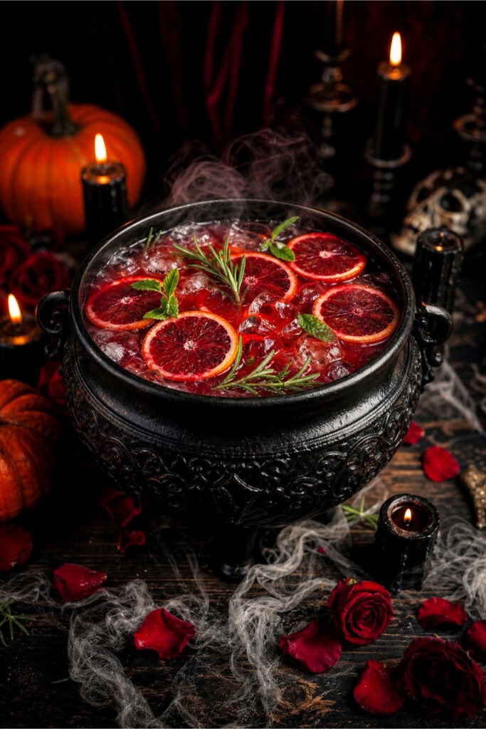 A large dark cauldron filled with a blood orange mocktail garnished with orange slices and herbs, surrounded by Halloween decorations on a wooden table.