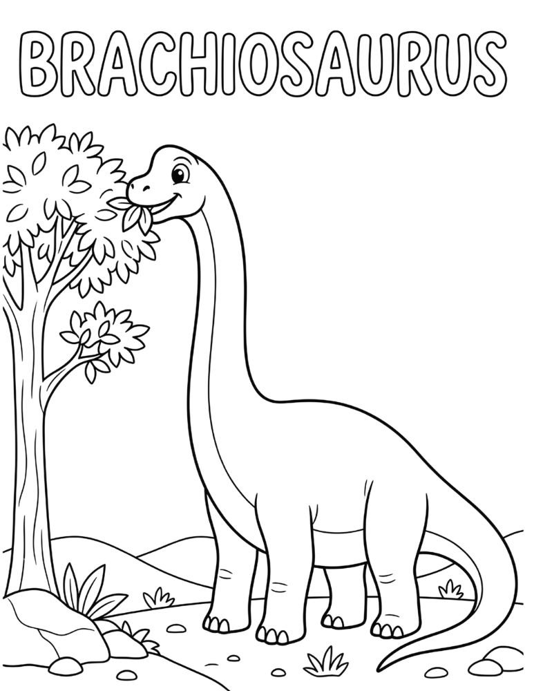 Brachiosaurus dinosaur reaching for leaves with its name in bubble letters.