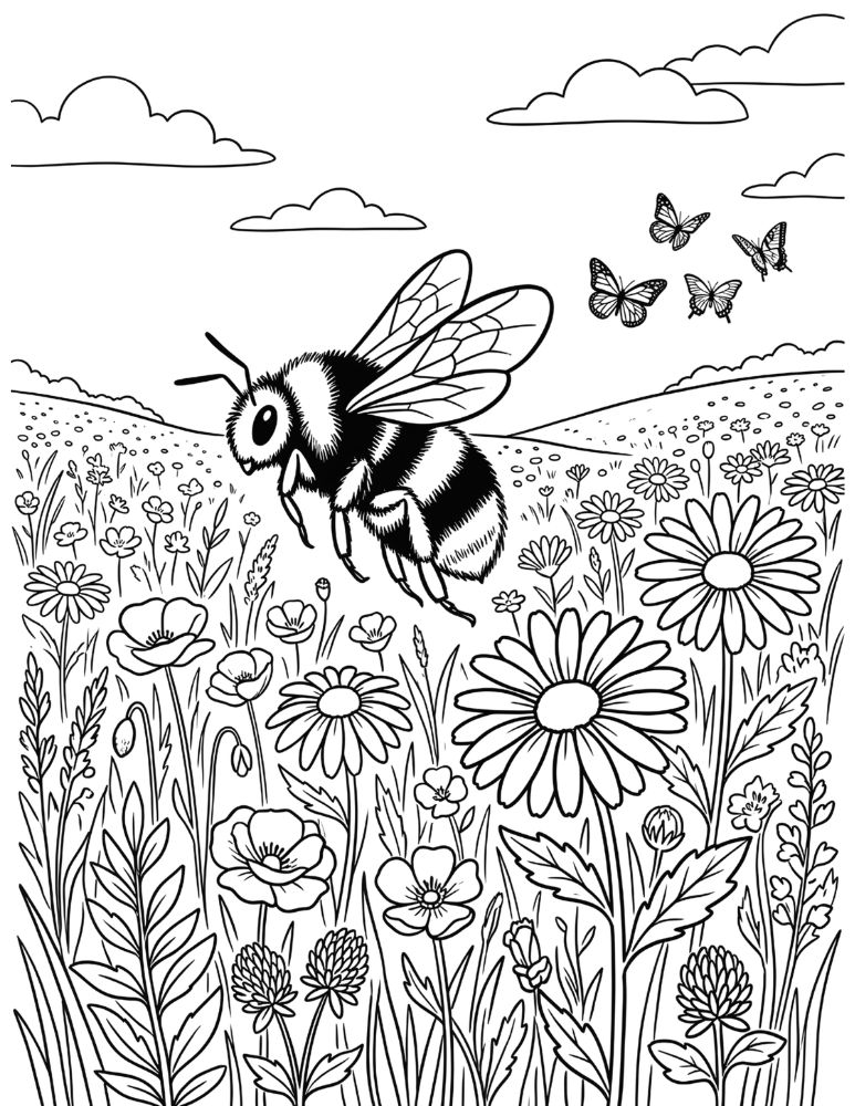 Bumble bee coloring page featuring a fluffy bumble bee flying above a field of blooming wildflowers.