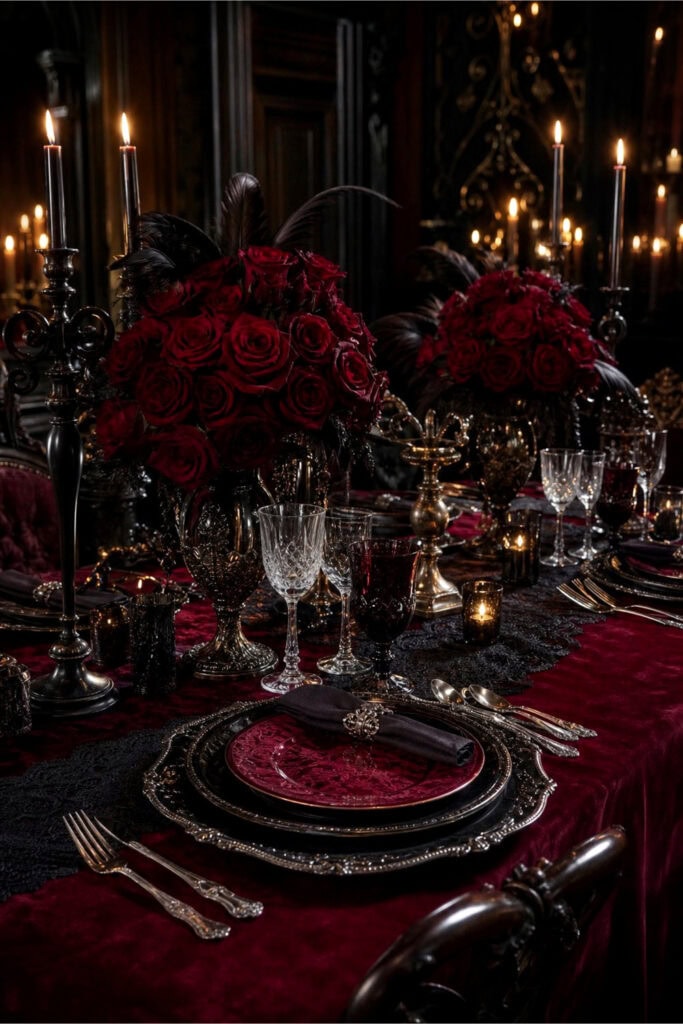A dining table set with burgundy and black decorations, candles, roses, and elegant tableware in a dimly lit room.