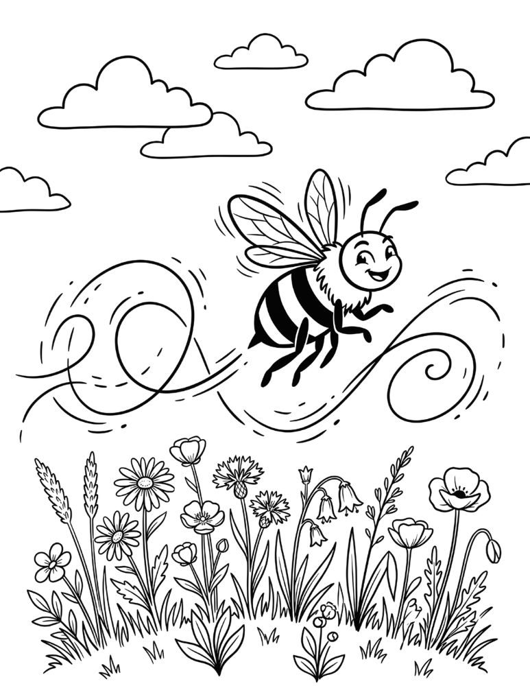 Buzzing bee coloring page showing a bee flying with swirling flight trails above flowers.