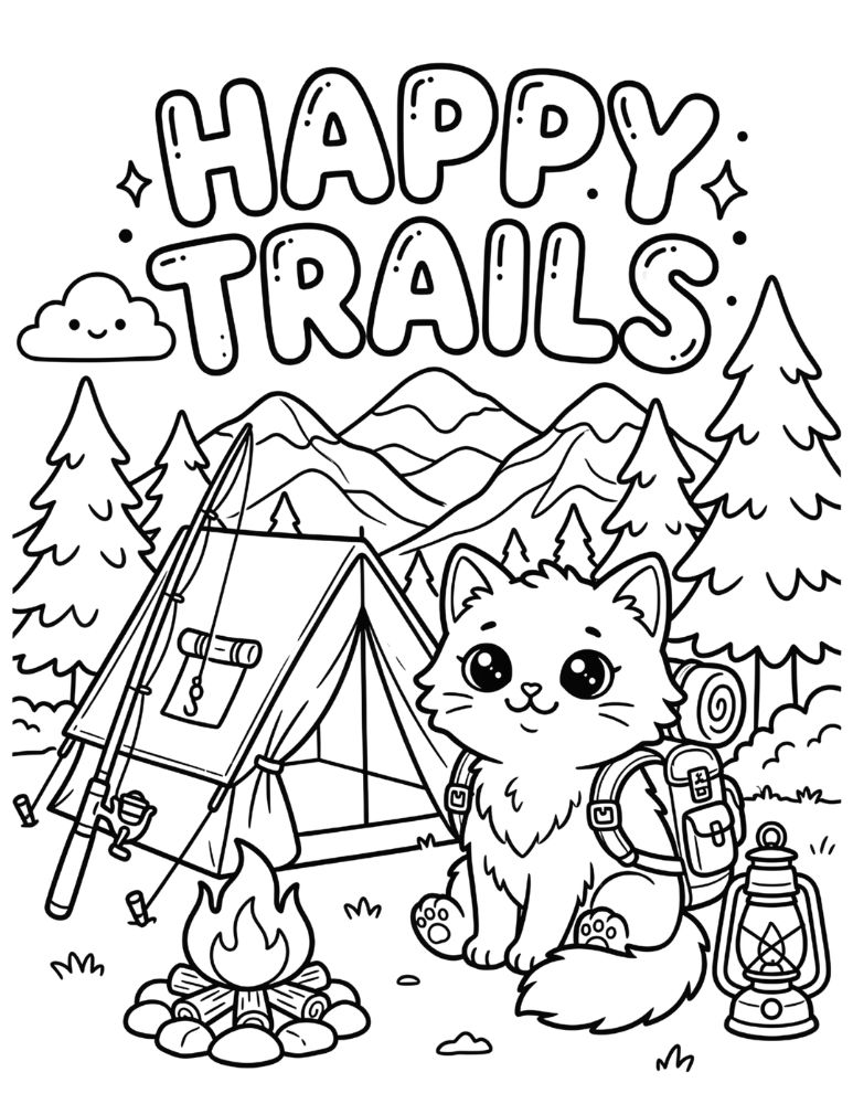 Cute camping cat coloring page with a cat wearing a hiking backpack beside a tent and campfire.
