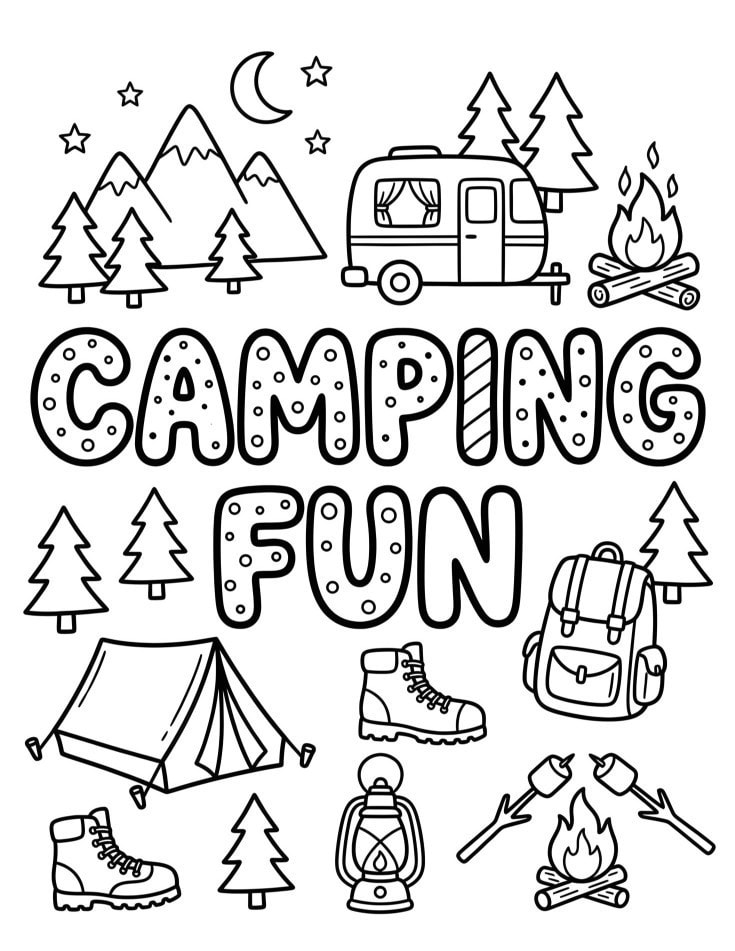 Camping fun coloring page featuring tents, lanterns, hiking boots, campfires, and other camping icons.