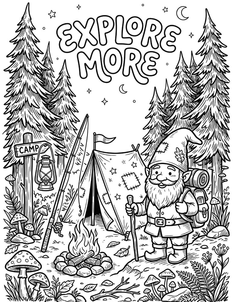 Camping gnome coloring page featuring a cute gnome with a tent, backpack, fishing rod, and campfire.